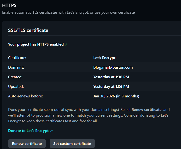 Netlify Domain Management Screen Let's Encrypt Certificate