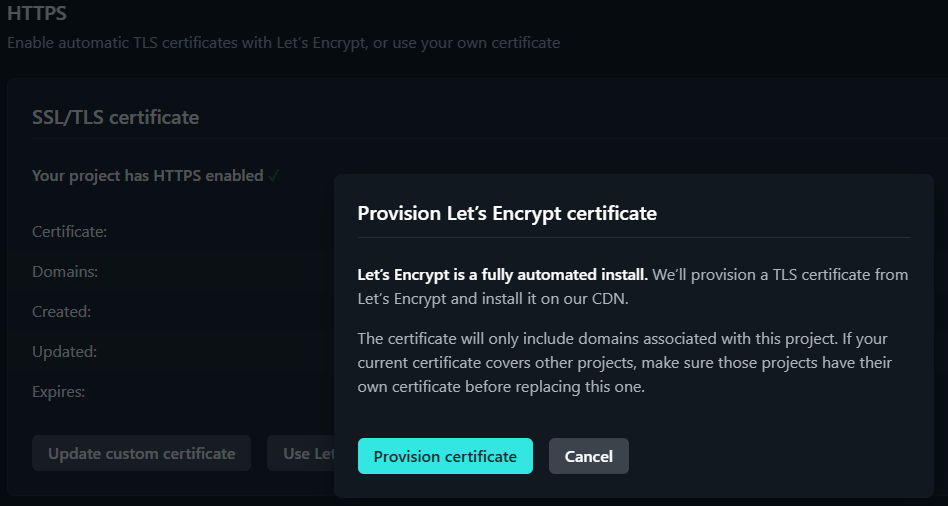 Netlify Domain Management Screen Let's Encrypt Certificate Provision